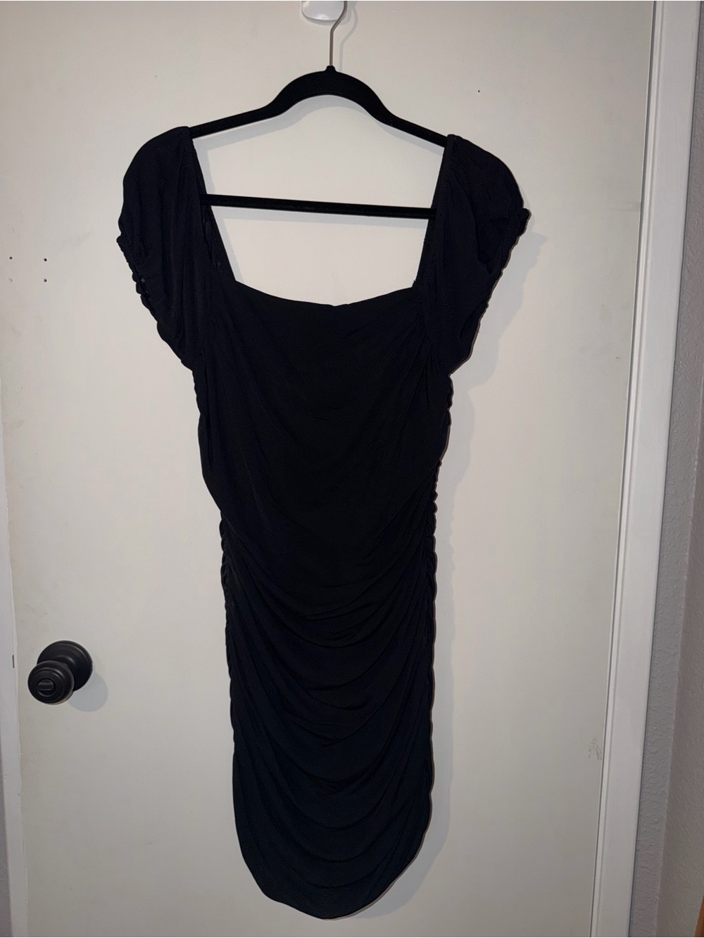 Lulu's Black Ruched Square-Neck Midi Dress